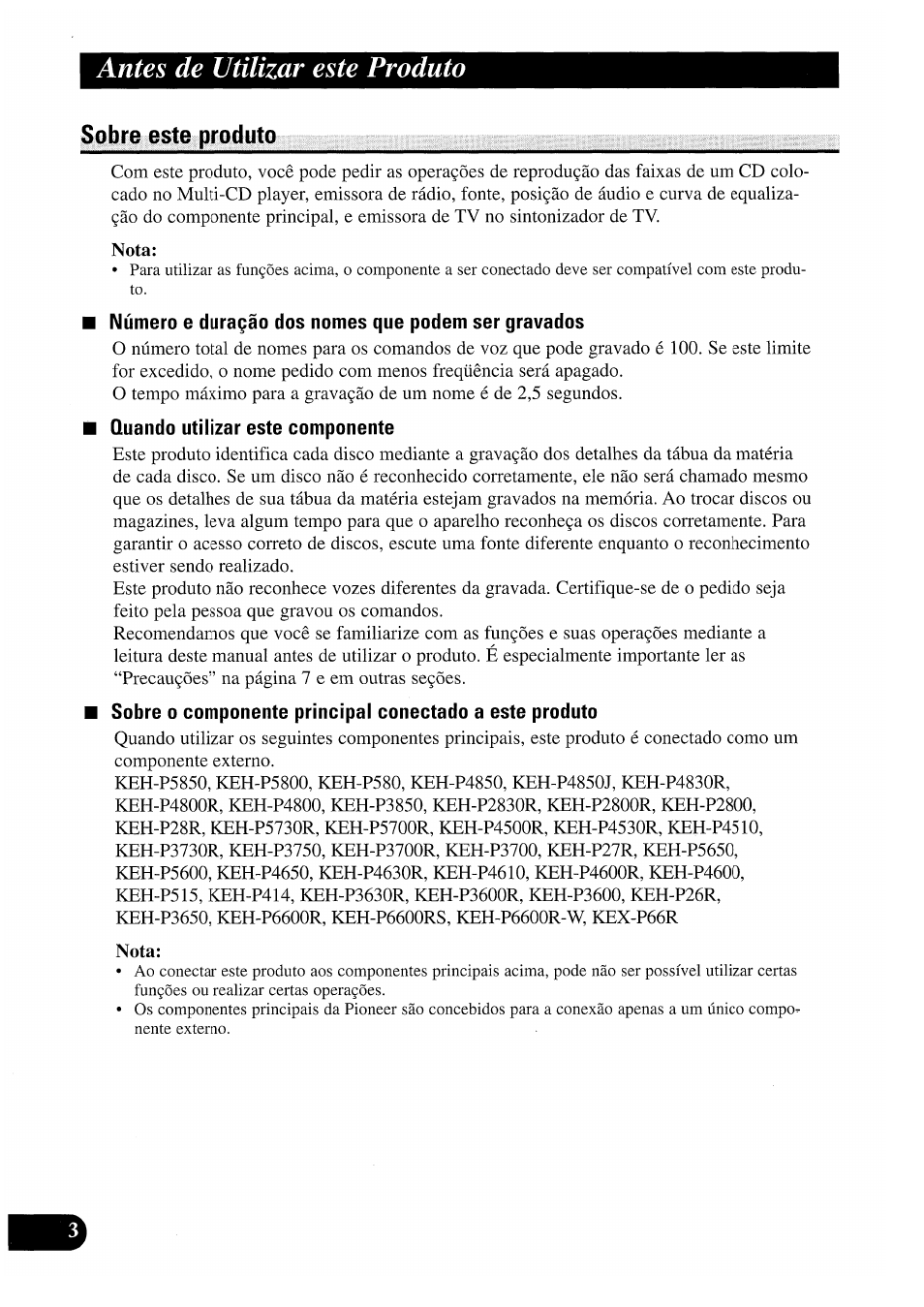 Sobre este produto, Número e duragào dos nomes que podem ser gravados, Quando utilizar este componente | Antes de utilizar este prùduto | Pioneer CDX-P2050VS User Manual | Page 76 / 100