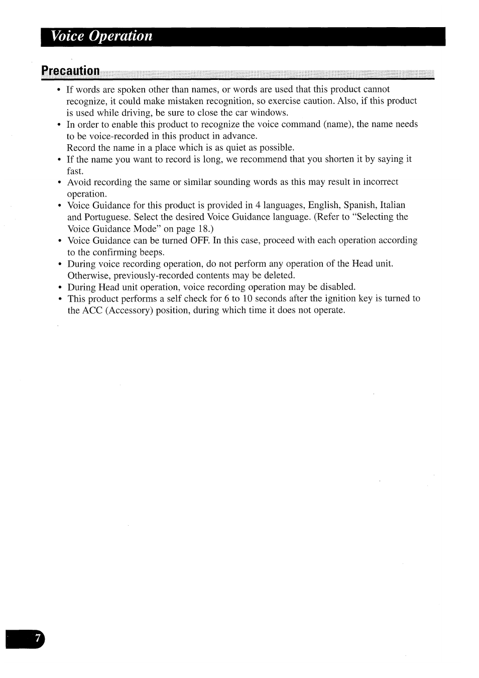 Precaution, Voice operation | Pioneer CDX-P2050VS User Manual | Page 8 / 100