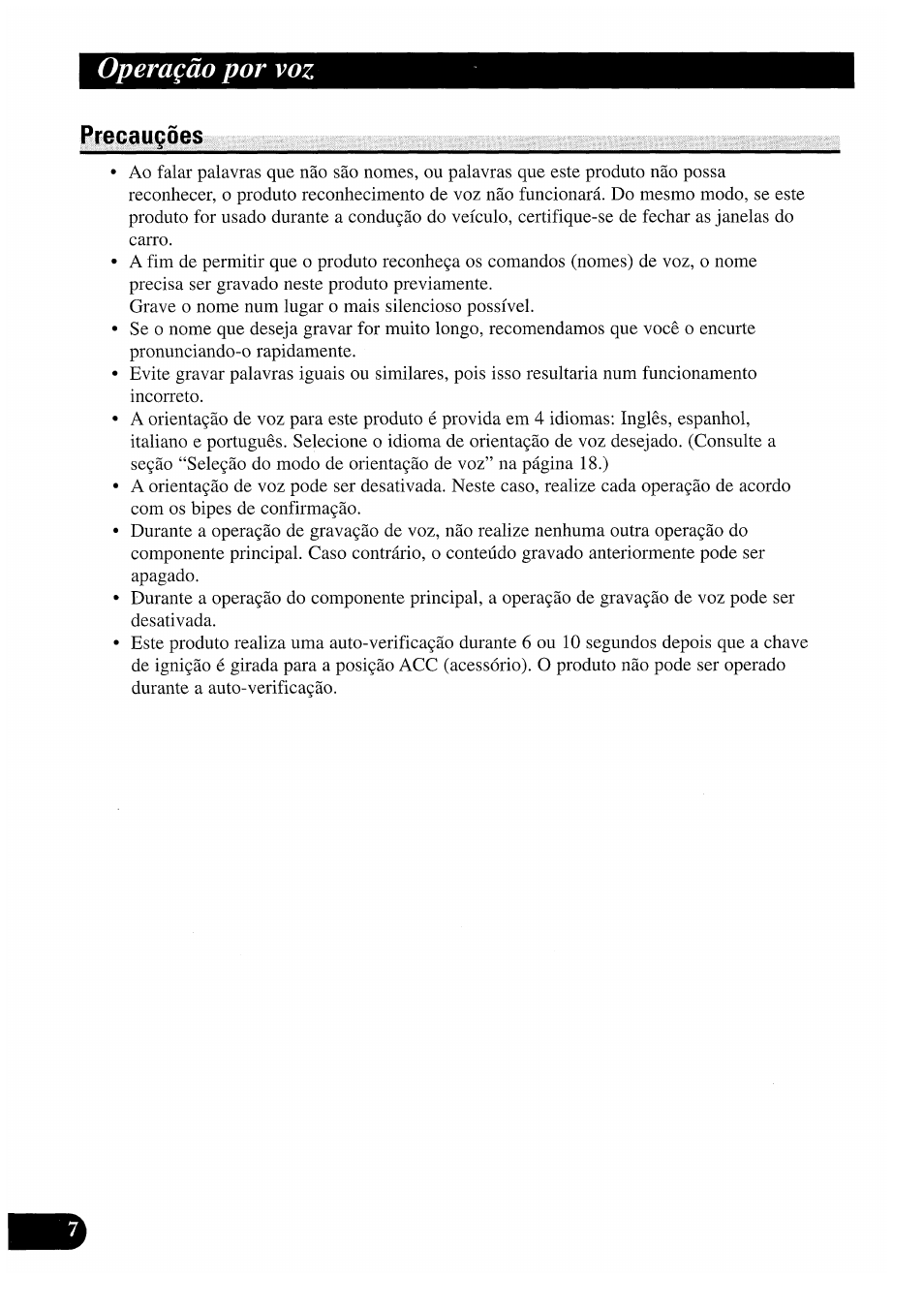 Precauçôes, Operaçào por voz | Pioneer CDX-P2050VS User Manual | Page 80 / 100