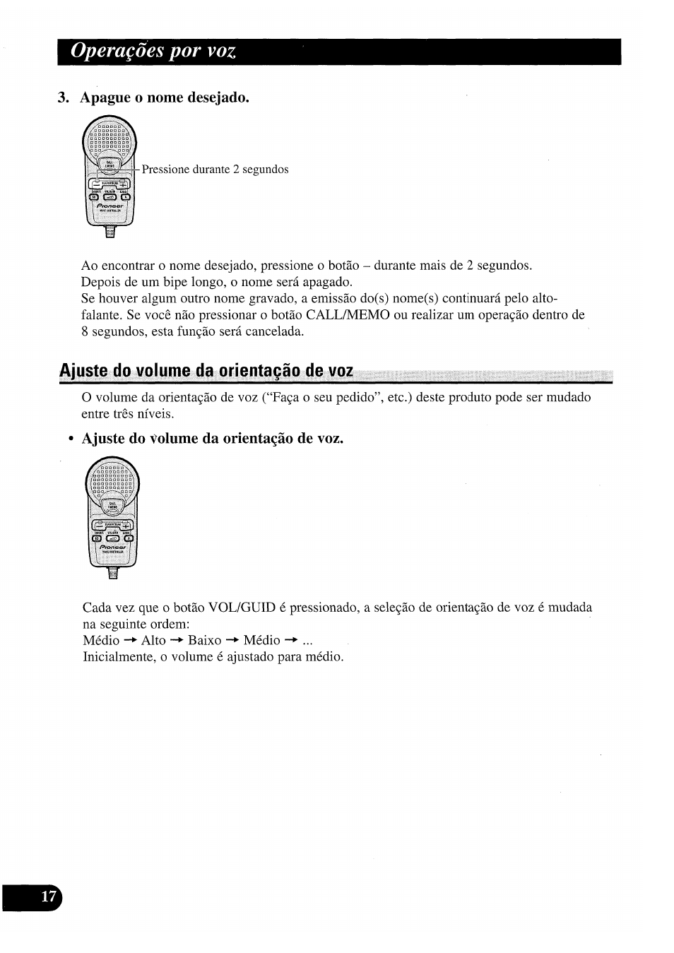 Apague o nome desejado, Ajuste do volume da orientaçâo de voz, Operaçôes por voz | Pioneer CDX-P2050VS User Manual | Page 90 / 100