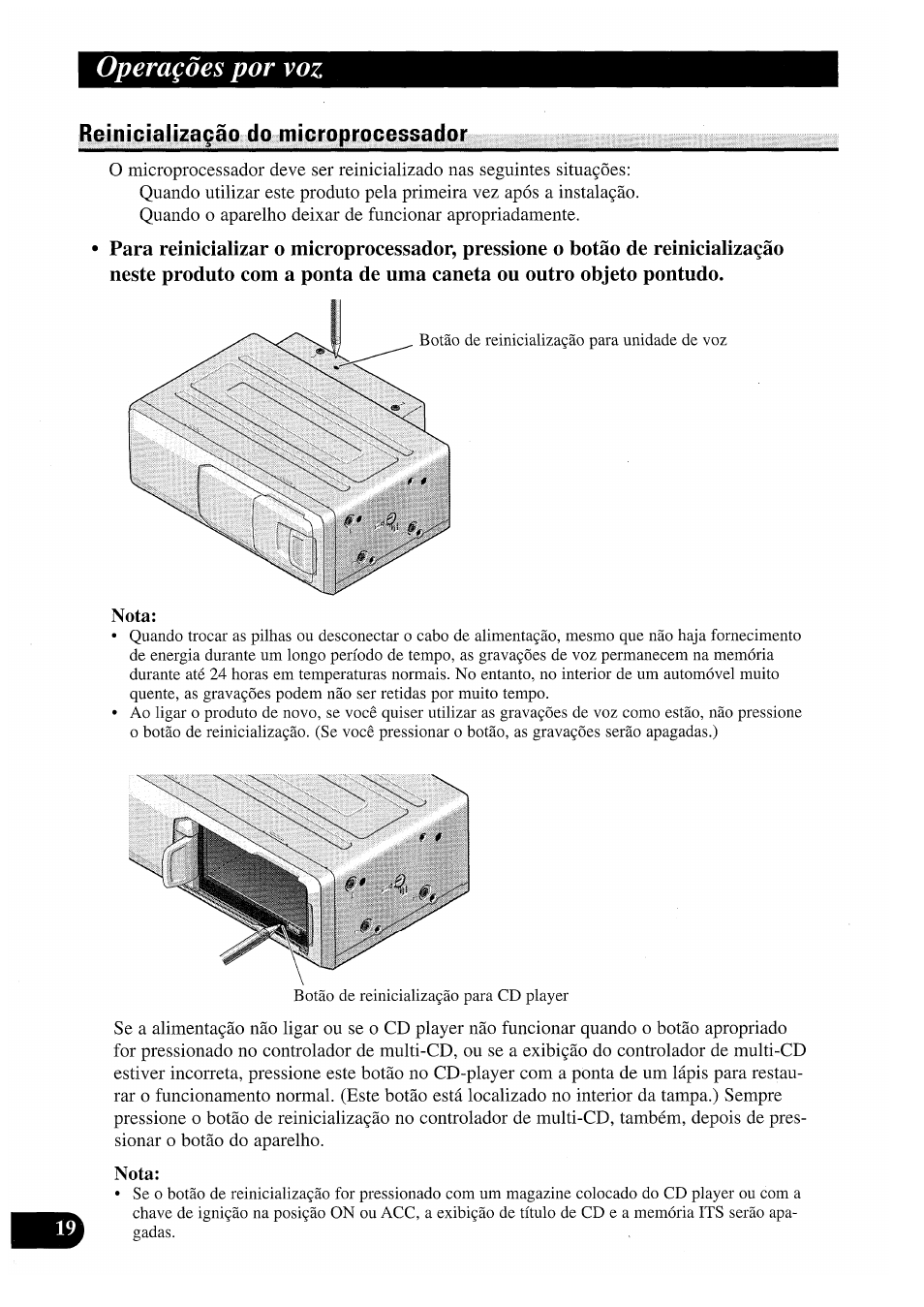 Reinicializagao do microprocessador, Reinicializaçâo do microprocessador, Operagdes por voz | Pioneer CDX-P2050VS User Manual | Page 92 / 100