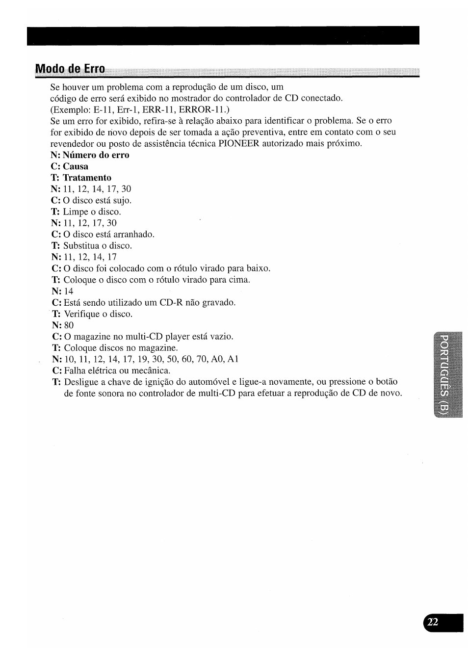 Modo de erro | Pioneer CDX-P2050VS User Manual | Page 95 / 100