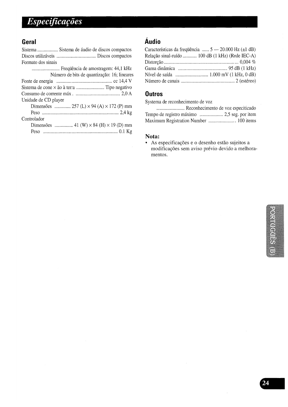 Geral, Audio, Outros | Especificagdes | Pioneer CDX-P2050VS User Manual | Page 97 / 100