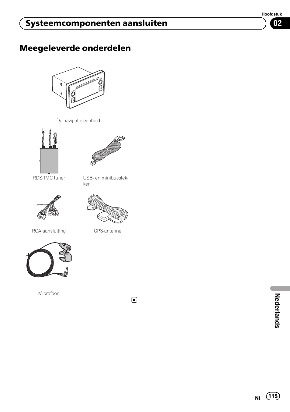 Meegeleverde onderdelen, 02 systeemcomponenten aansluiten | Pioneer AVIC-F9310BT User Manual | Page 115 / 132
