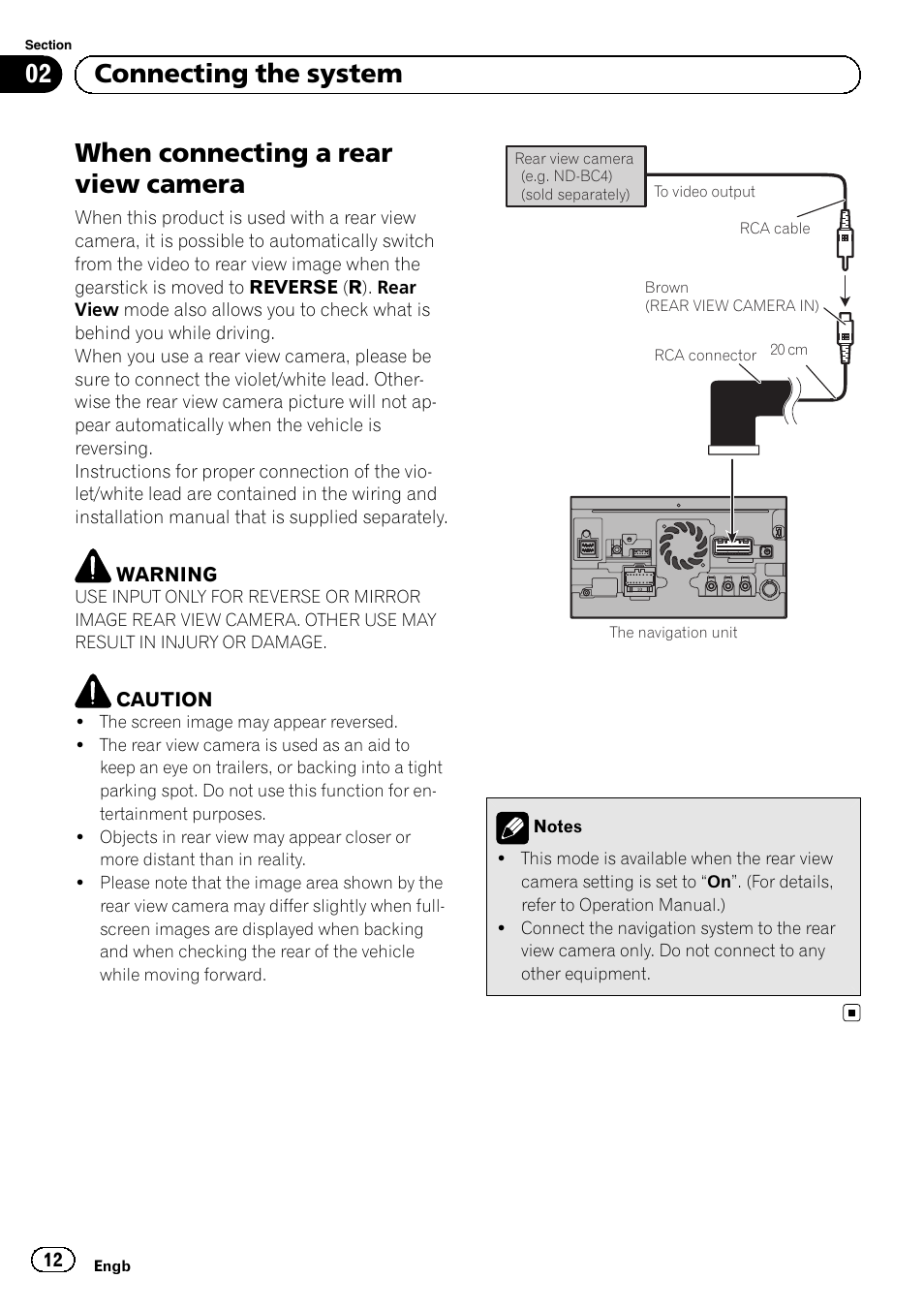 When connecting a rear view camera, 02 connecting the system | Pioneer AVIC-F9310BT User Manual | Page 12 / 132
