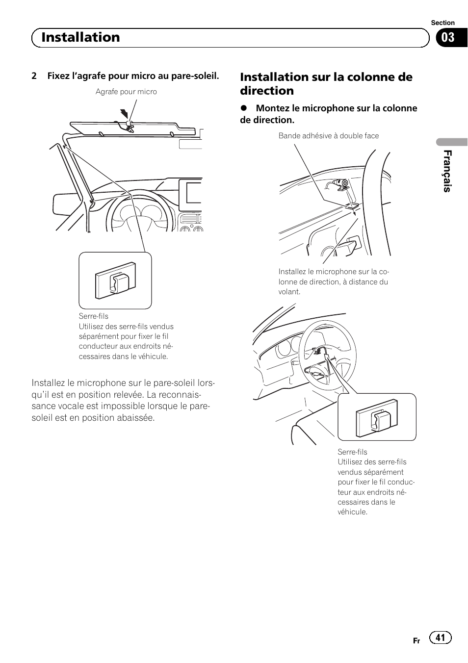 Installation sur la colonne de, Direction, 03 installation | Installation sur la colonne de direction | Pioneer AVIC-F9310BT User Manual | Page 41 / 132