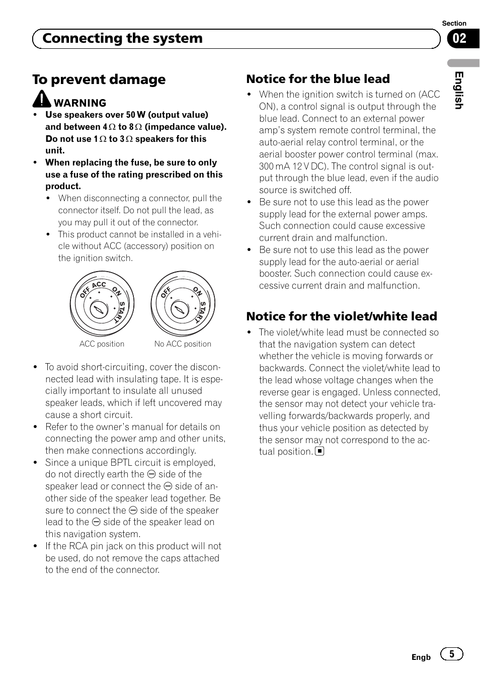 To prevent damage, Notice for the blue lead 5, Notice for the violet/white lead 5 | 02 connecting the system, Notice for the blue lead, Notice for the violet/white lead, English | Pioneer AVIC-F9310BT User Manual | Page 5 / 132