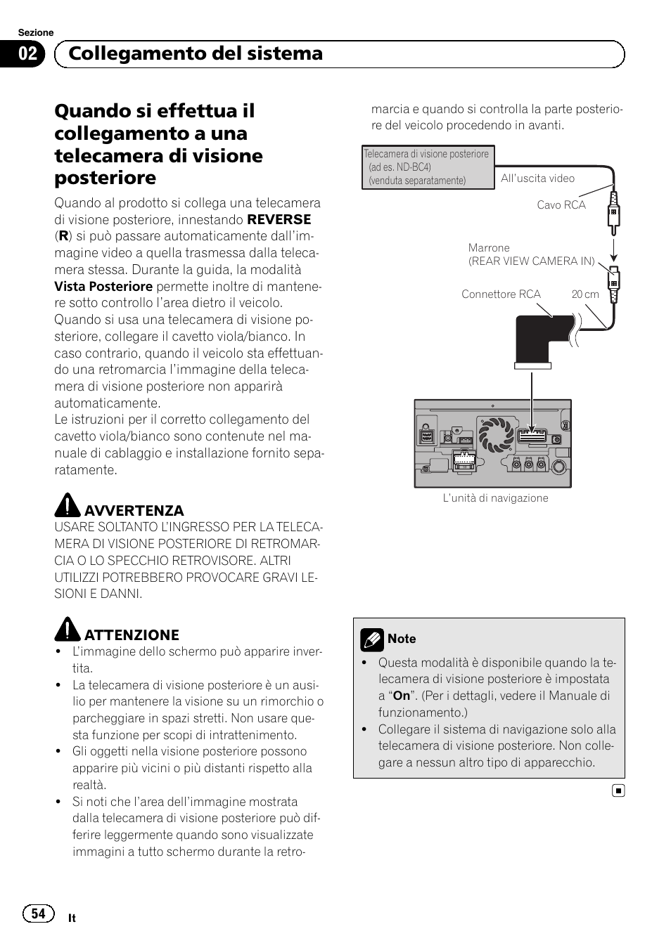 Quando si effettua il collegamento a una, Telecamera di visione posteriore, 02 collegamento del sistema | Pioneer AVIC-F9310BT User Manual | Page 54 / 132