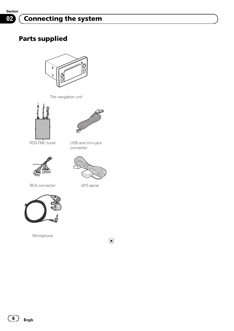 Parts supplied, 02 connecting the system | Pioneer AVIC-F9310BT User Manual | Page 6 / 132