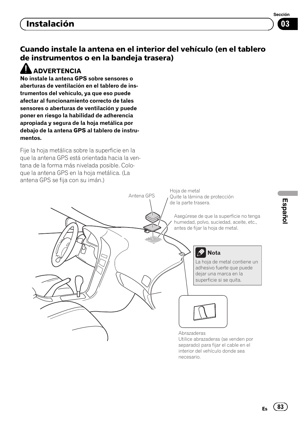 Cuando instale la antena en el interior, 03 instalación | Pioneer AVIC-F9310BT User Manual | Page 83 / 132