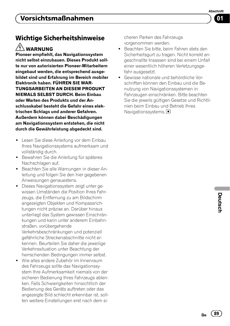 Wichtige sicherheitshinweise, 01 vorsichtsmaßnahmen | Pioneer AVIC-F9310BT User Manual | Page 89 / 132
