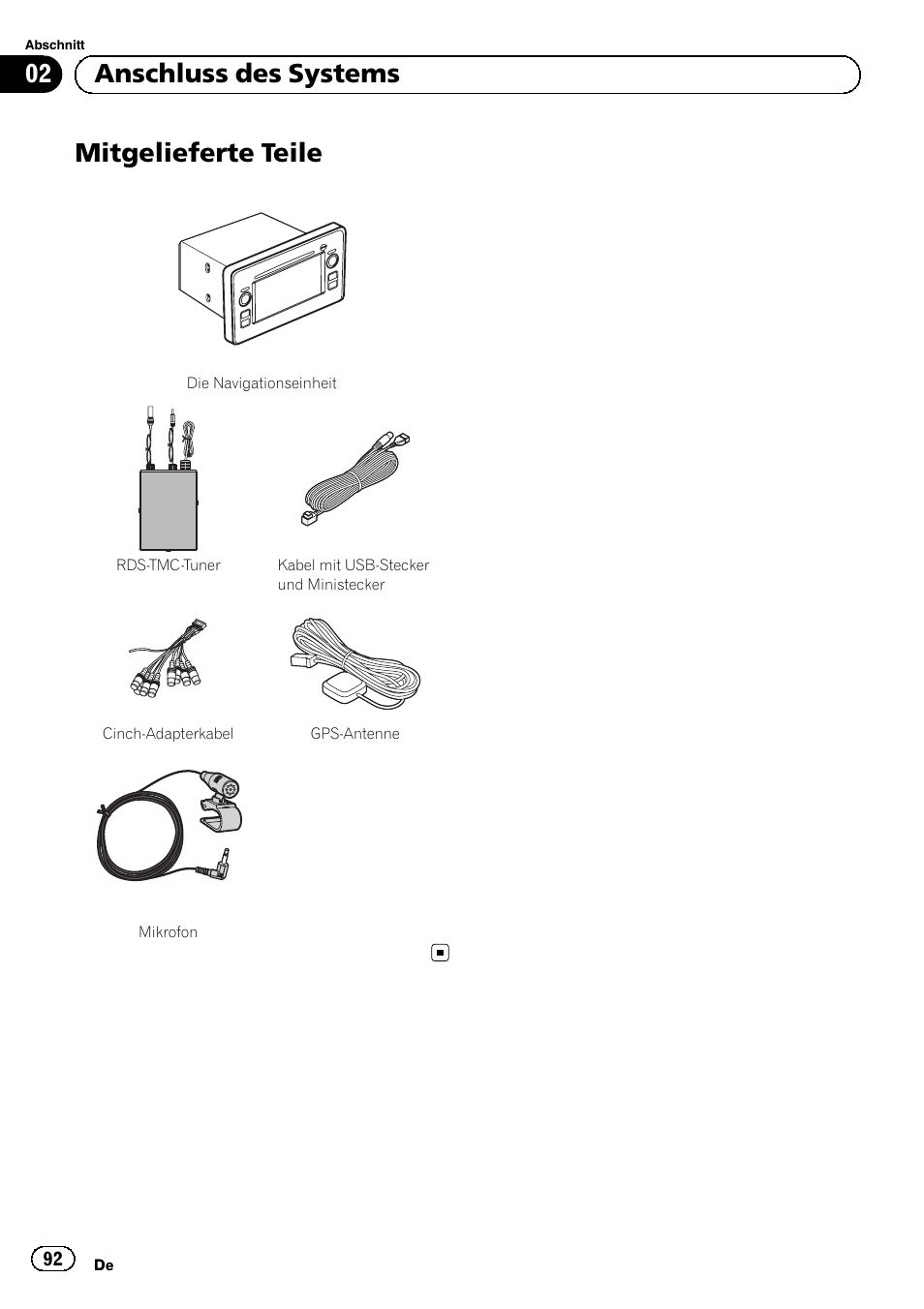 Mitgelieferte teile, 02 anschluss des systems | Pioneer AVIC-F9310BT User Manual | Page 92 / 132