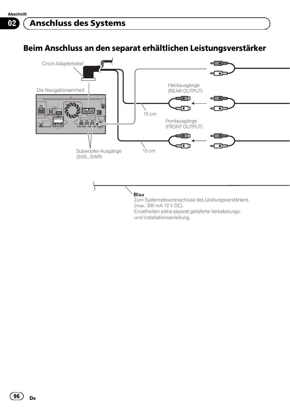 Beim anschluss an den separat erhältlichen, Leistungsverstärker, 02 anschluss des systems | Pioneer AVIC-F9310BT User Manual | Page 96 / 132