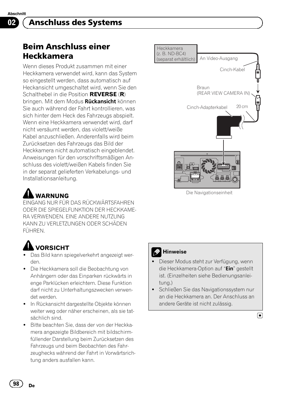 Beim anschluss einer heckkamera, 02 anschluss des systems | Pioneer AVIC-F9310BT User Manual | Page 98 / 132