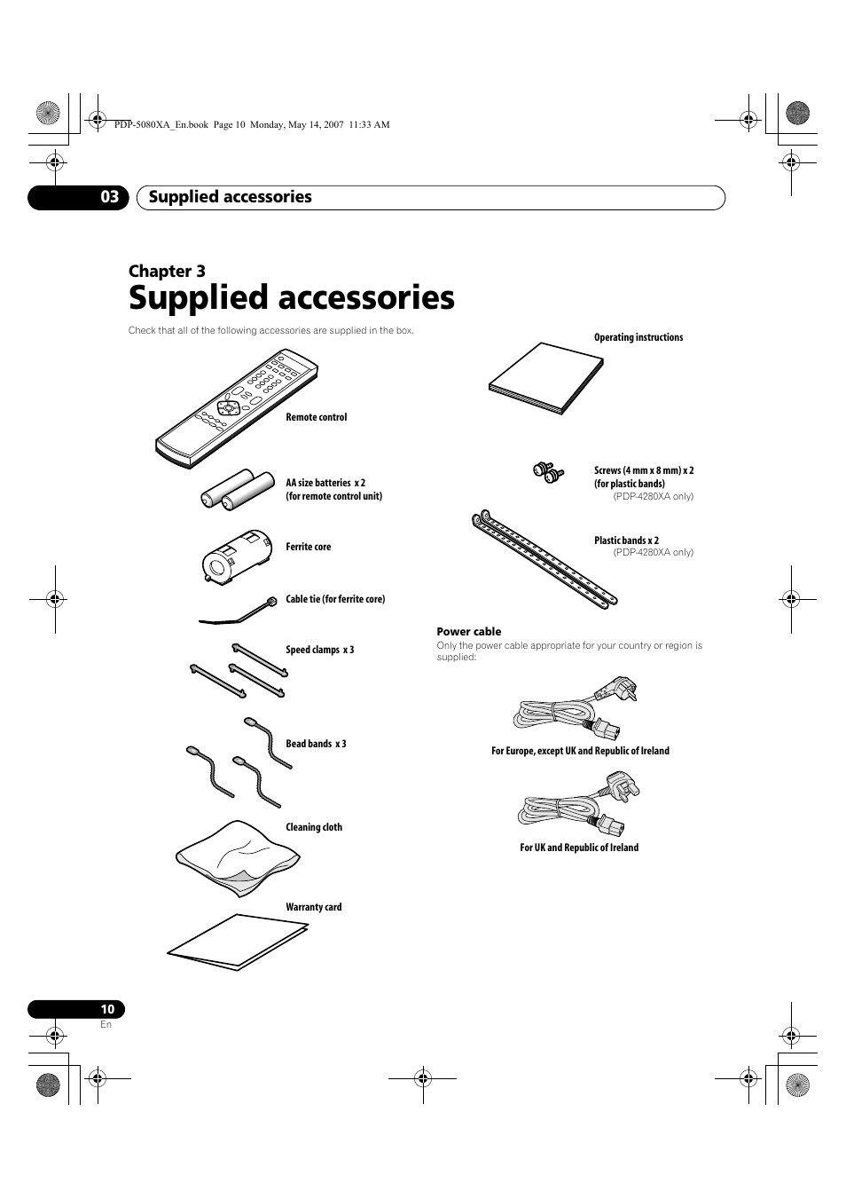 Supplied accessories, Supplied accessories 03, Chapter 3 | Pioneer PDP-4280XA User Manual | Page 10 / 364