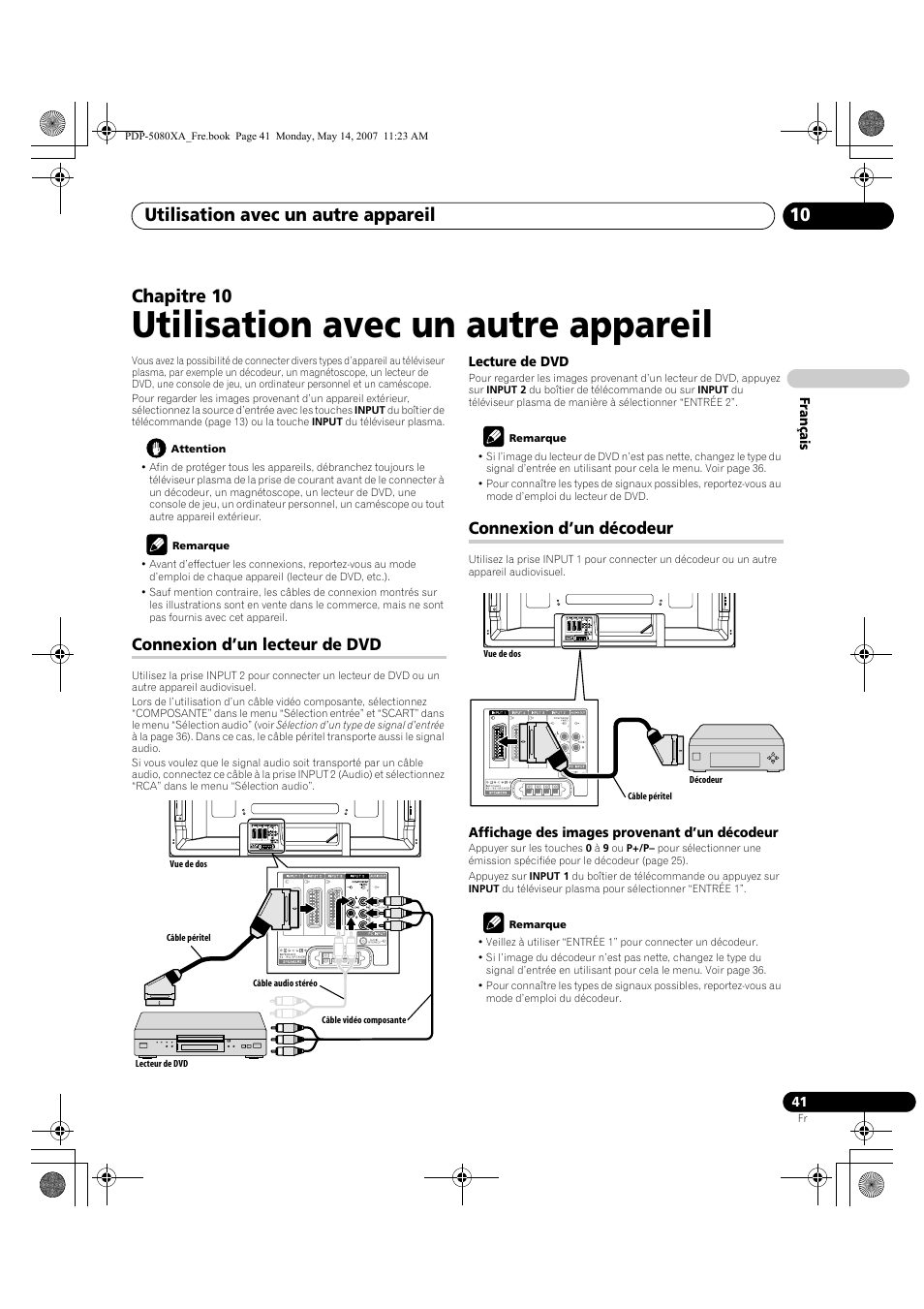 Utilisation avec un autre appareil, Utilisation avec un autre appareil 10, Chapitre 10 | Connexion d’un lecteur de dvd, Connexion d’un décodeur | Pioneer PDP-4280XA User Manual | Page 101 / 364