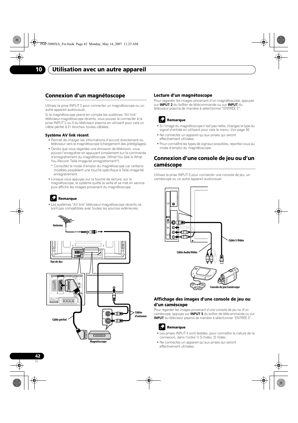 Utilisation avec un autre appareil 10, Connexion d’un magnétoscope, Connexion d’une console de jeu ou d’un caméscope | Pioneer PDP-4280XA User Manual | Page 102 / 364