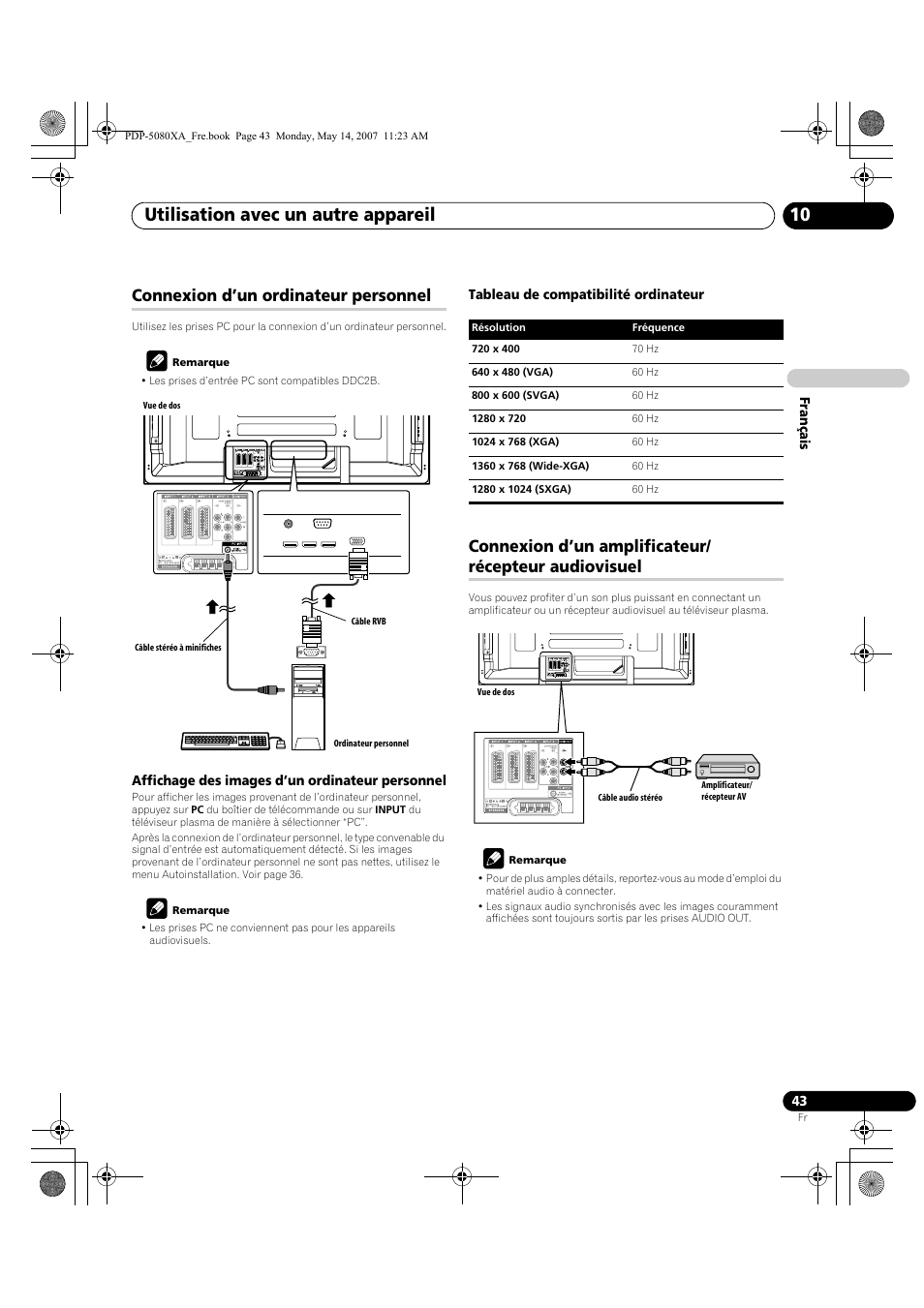 Utilisation avec un autre appareil 10, Connexion d’un ordinateur personnel | Pioneer PDP-4280XA User Manual | Page 103 / 364