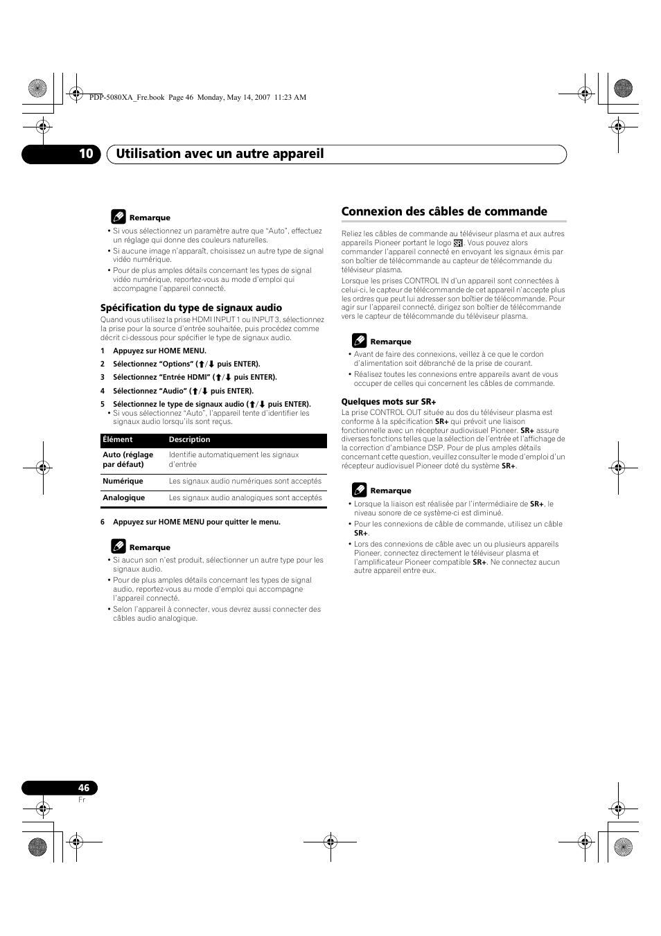 Utilisation avec un autre appareil 10, Connexion des câbles de commande | Pioneer PDP-4280XA User Manual | Page 106 / 364