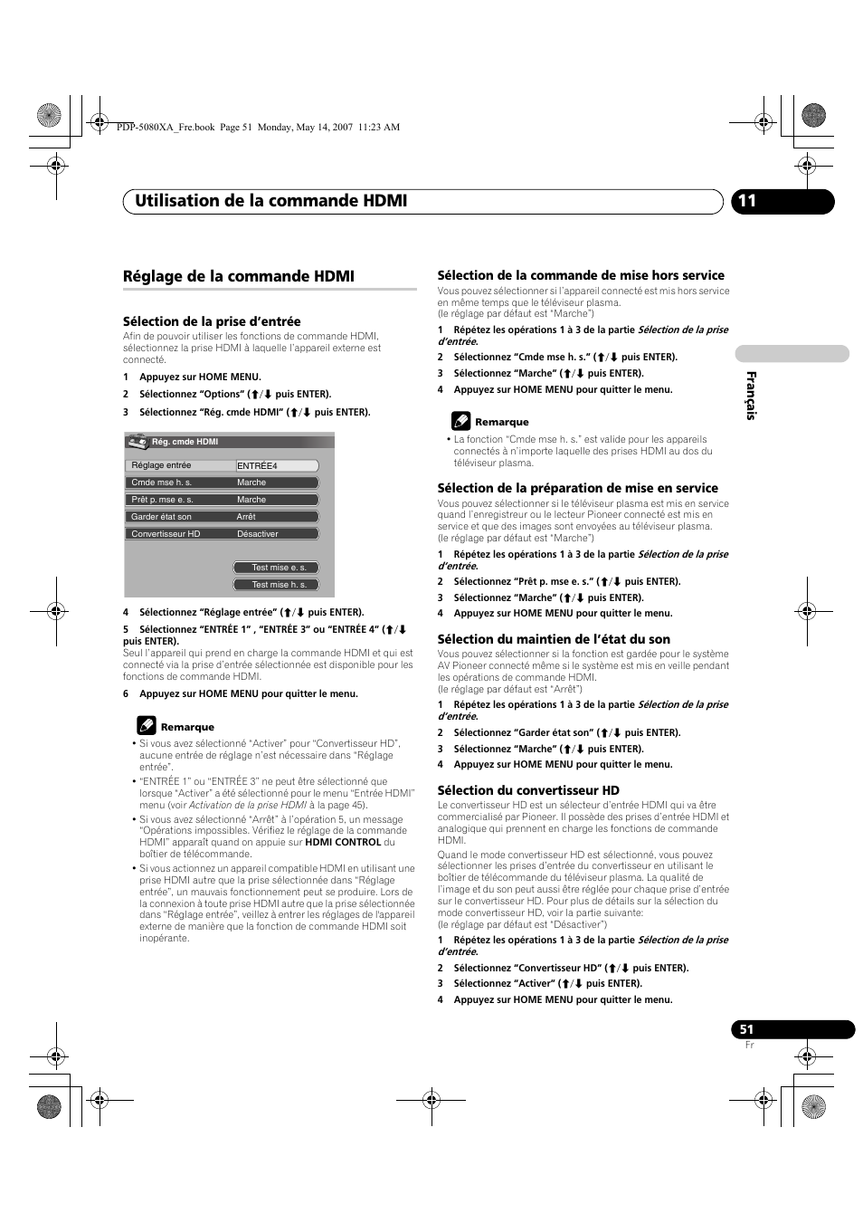 Utilisation de la commande hdmi 11, Réglage de la commande hdmi | Pioneer PDP-4280XA User Manual | Page 111 / 364