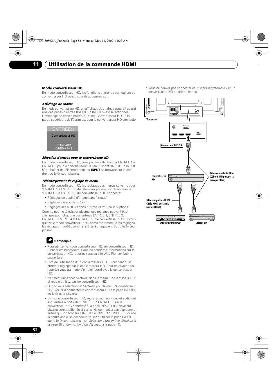 Utilisation de la commande hdmi 11, Entrée3 | Pioneer PDP-4280XA User Manual | Page 112 / 364