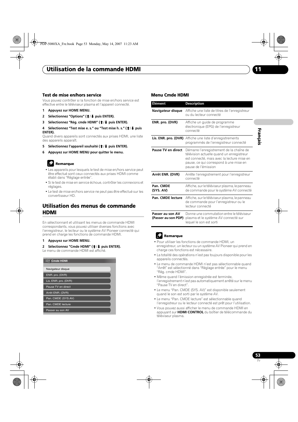 Utilisation de la commande hdmi 11, Utilisation des menus de commande hdmi | Pioneer PDP-4280XA User Manual | Page 113 / 364