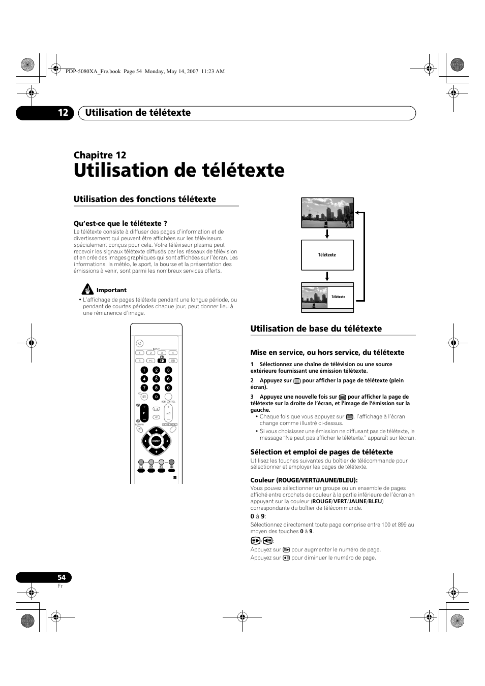 Utilisation de télétexte, Utilisation de télétexte 12, Chapitre 12 | Utilisation des fonctions télétexte, Utilisation de base du télétexte | Pioneer PDP-4280XA User Manual | Page 114 / 364