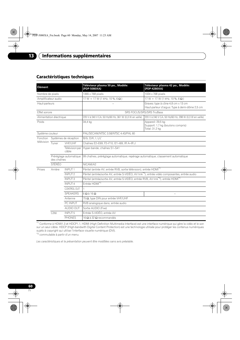 Informations supplémentaires 13, Caractéristiques techniques | Pioneer PDP-4280XA User Manual | Page 120 / 364