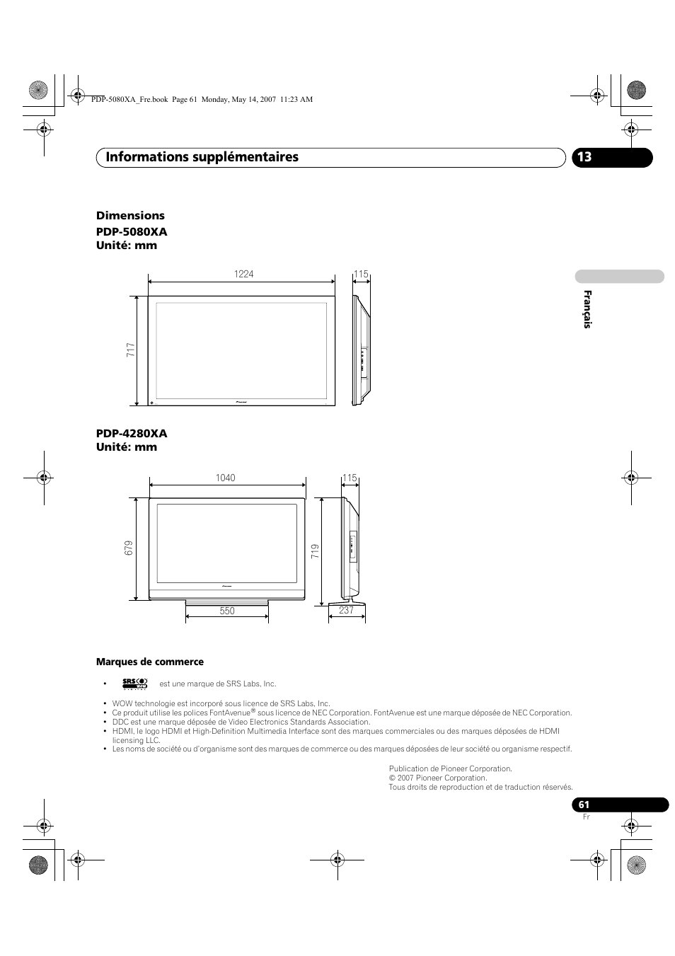 Informations supplémentaires 13 | Pioneer PDP-4280XA User Manual | Page 121 / 364