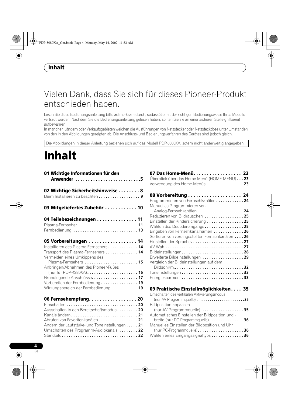 Inhalt | Pioneer PDP-4280XA User Manual | Page 124 / 364