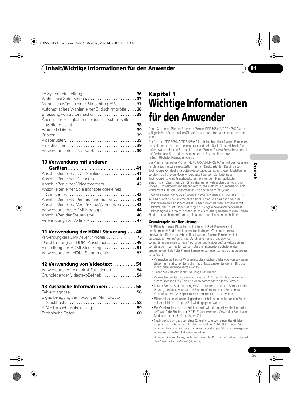 Wichtige informationen für den anwender, Inhalt/wichtige informationen für den anwender, Kapitel 1 | Pioneer PDP-4280XA User Manual | Page 125 / 364