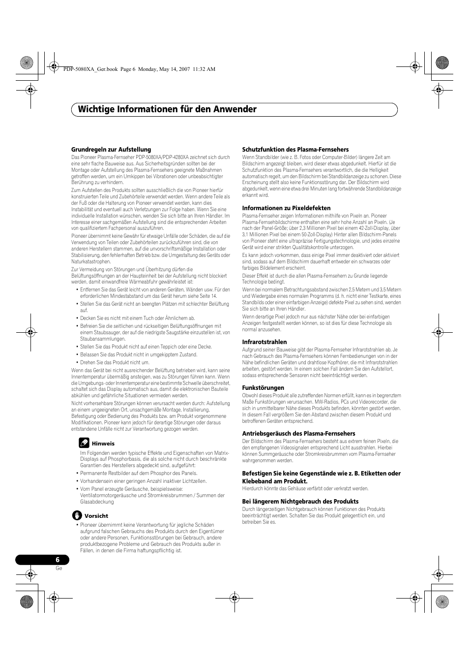 Wichtige informationen für den anwender | Pioneer PDP-4280XA User Manual | Page 126 / 364