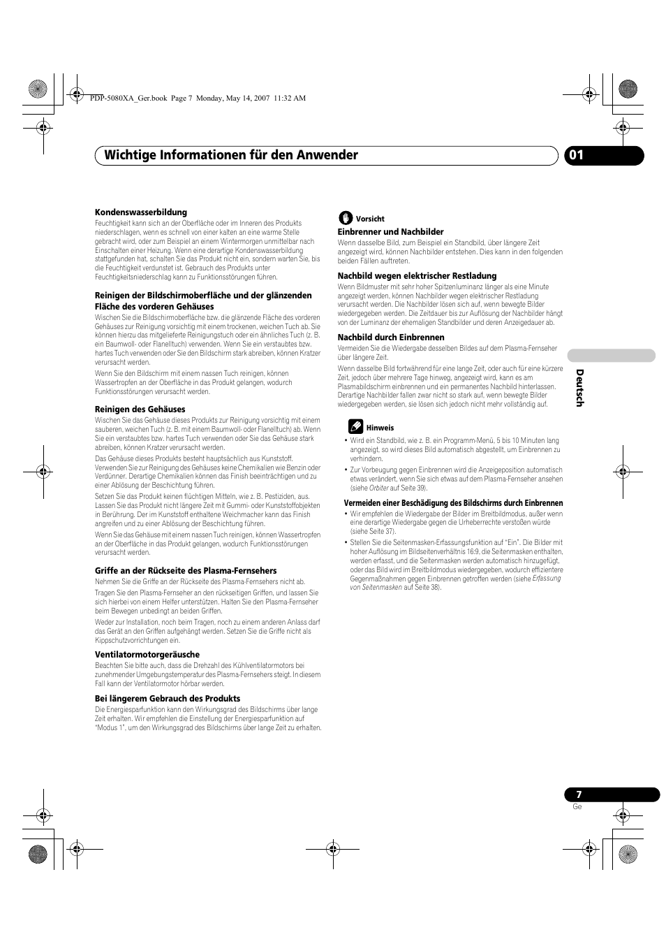 Wichtige informationen für den anwender | Pioneer PDP-4280XA User Manual | Page 127 / 364