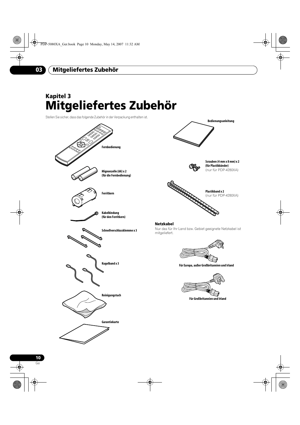 Mitgeliefertes zubehör, Mitgeliefertes zubehör 03, Kapitel 3 | Pioneer PDP-4280XA User Manual | Page 130 / 364