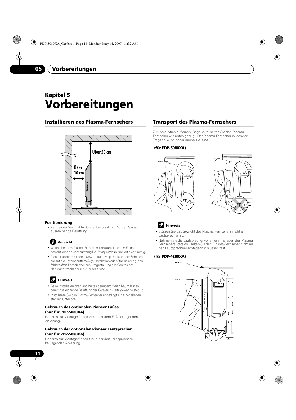Vorbereitungen, Vorbereitungen 05, Kapitel 5 | Installieren des plasma-fernsehers, Transport des plasma-fernsehers | Pioneer PDP-4280XA User Manual | Page 134 / 364