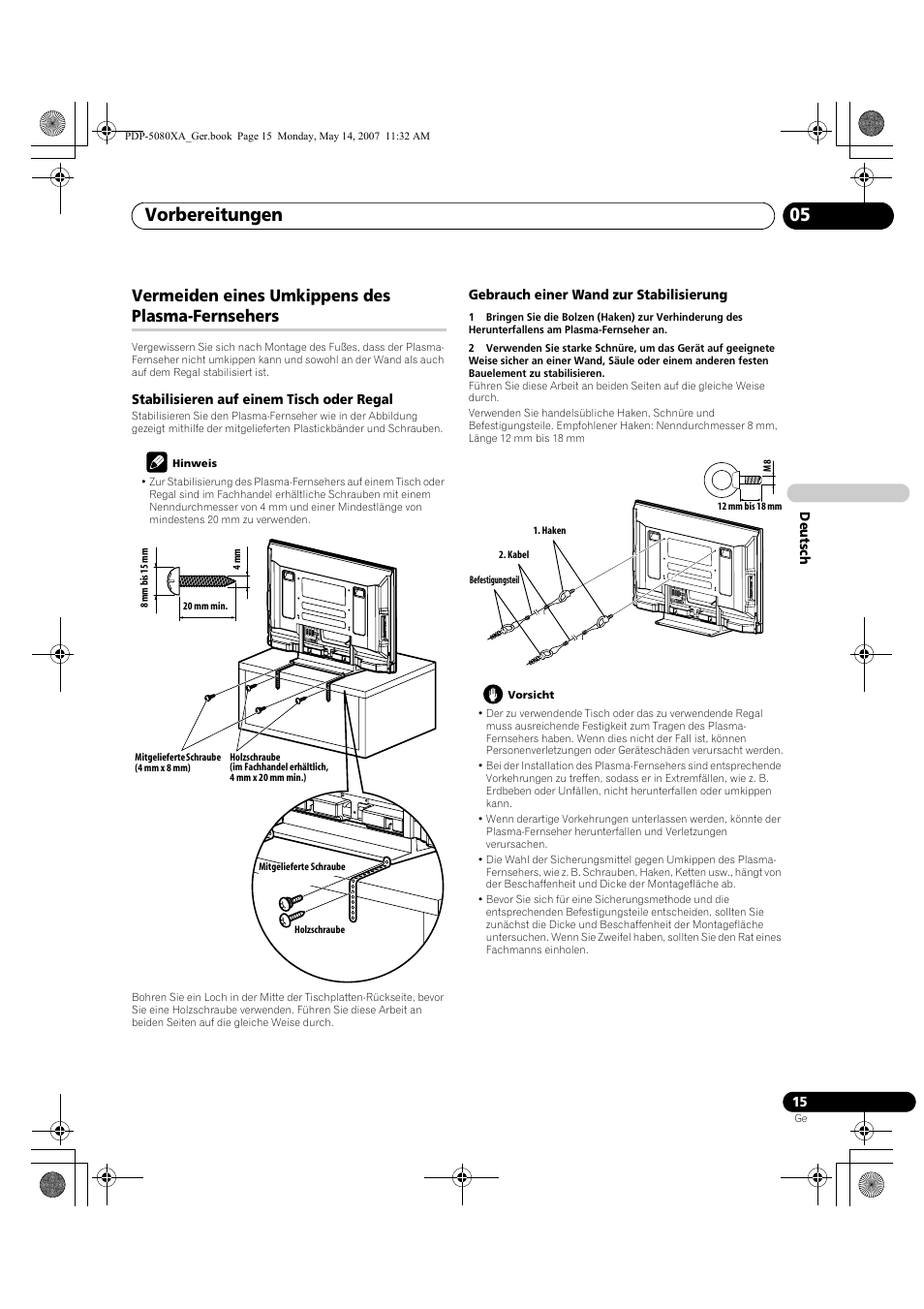 Vorbereitungen 05, Vermeiden eines umkippens des plasma-fernsehers | Pioneer PDP-4280XA User Manual | Page 135 / 364