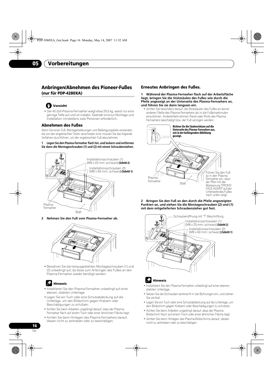 Vorbereitungen 05, Anbringen/abnehmen des pioneer-fußes | Pioneer PDP-4280XA User Manual | Page 136 / 364