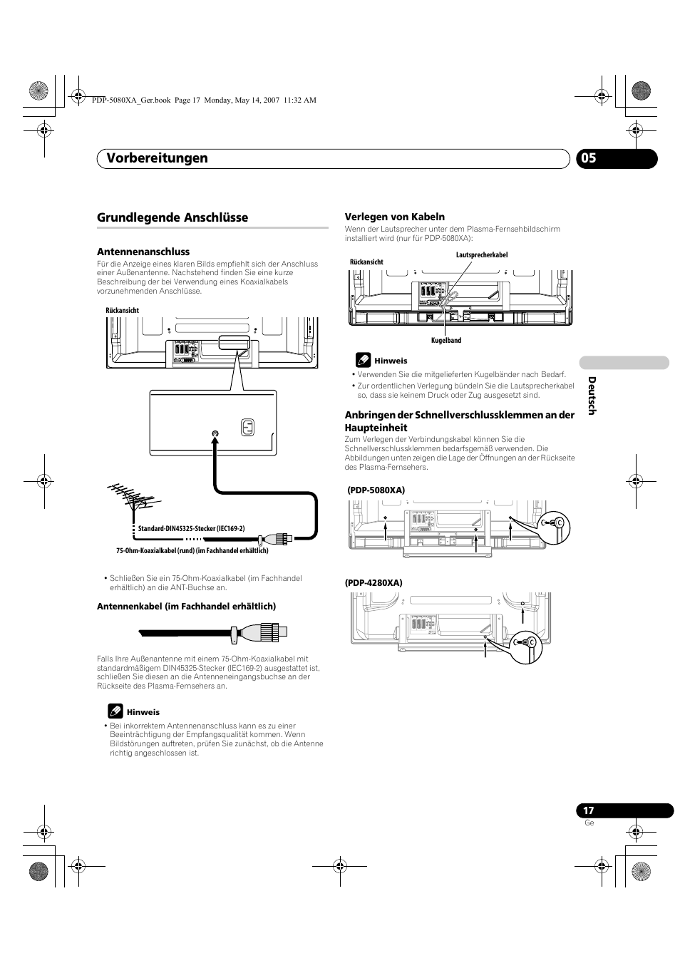 Vorbereitungen 05, Grundlegende anschlüsse | Pioneer PDP-4280XA User Manual | Page 137 / 364