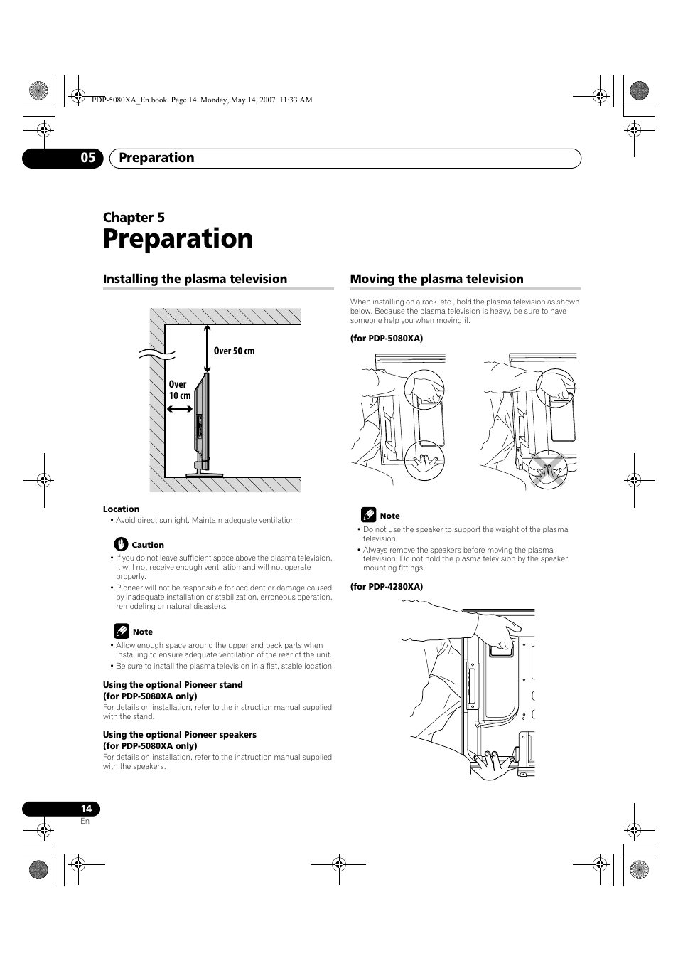 Preparation, Preparation 05, Chapter 5 | Installing the plasma television, Moving the plasma television | Pioneer PDP-4280XA User Manual | Page 14 / 364