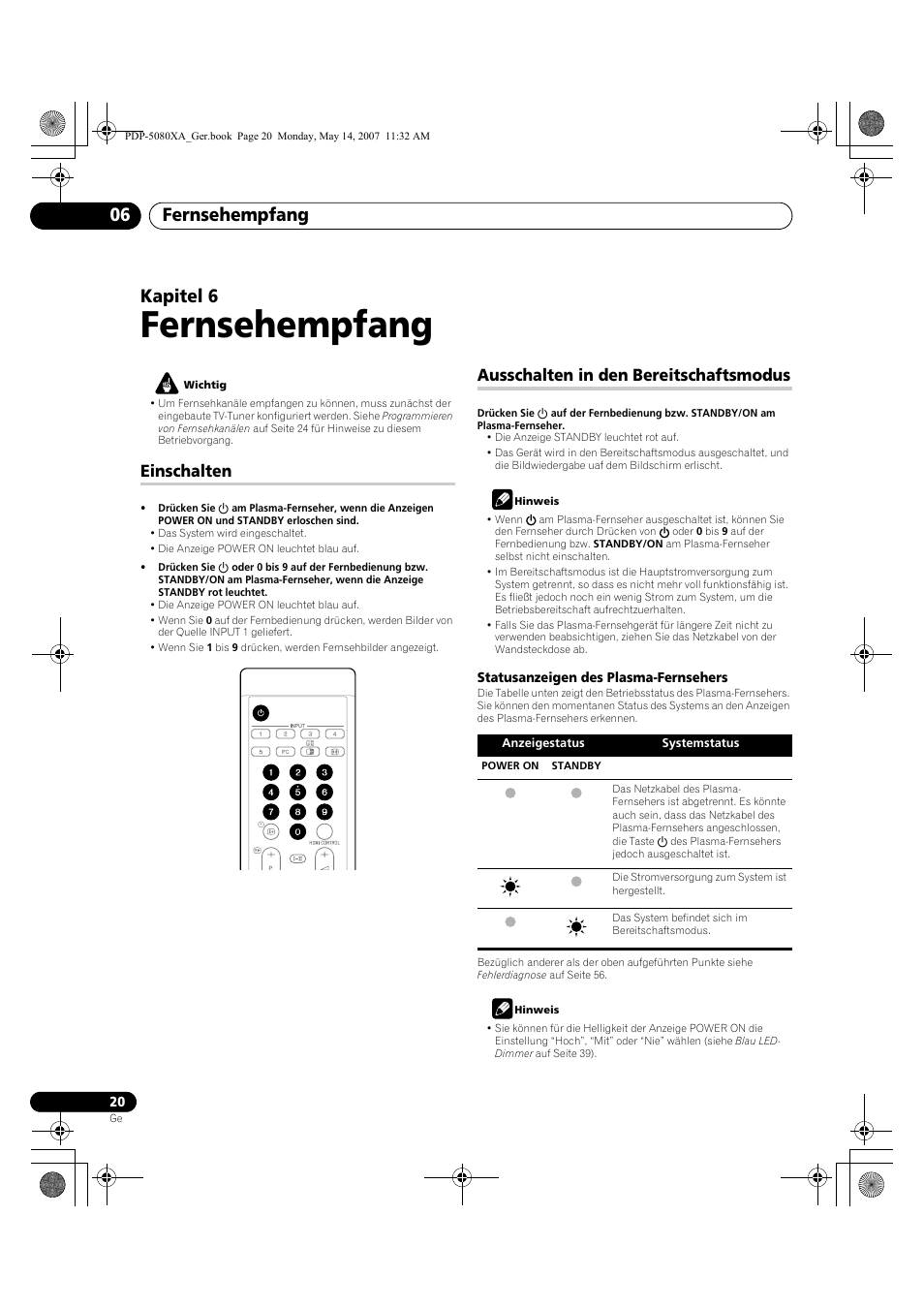 Fernsehempfang, Fernsehempfang 06, Kapitel 6 | Einschalten, Ausschalten in den bereitschaftsmodus | Pioneer PDP-4280XA User Manual | Page 140 / 364
