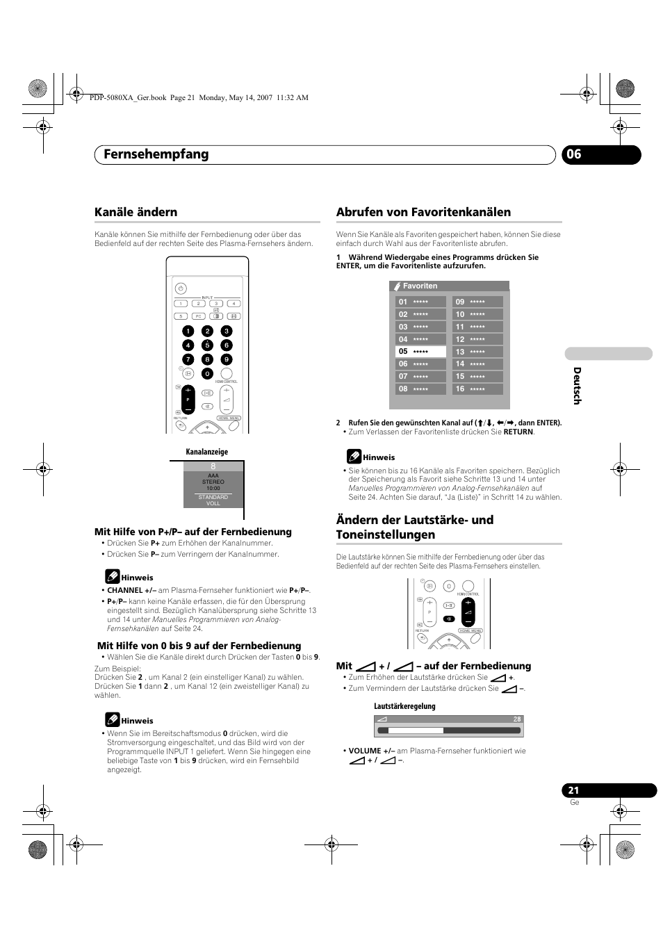 Fernsehempfang 06, Kanäle ändern, Abrufen von favoritenkanälen | Ändern der lautstärke- und toneinstellungen | Pioneer PDP-4280XA User Manual | Page 141 / 364