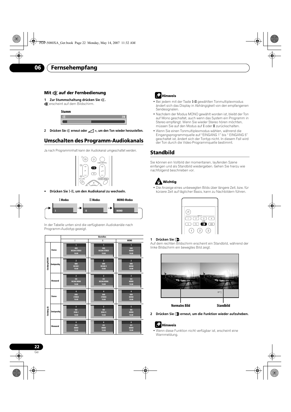 Fernsehempfang 06, Umschalten des programm-audiokanals, Standbild | Mit e auf der fernbedienung, Stumm, Normales bild standbild | Pioneer PDP-4280XA User Manual | Page 142 / 364