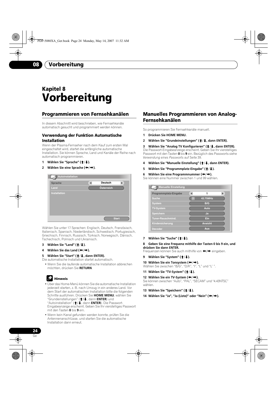 Vorbereitung, Vorbereitung 08, Kapitel 8 | Programmieren von fernsehkanälen, Manuelles programmieren von analog- fernsehkanälen | Pioneer PDP-4280XA User Manual | Page 144 / 364