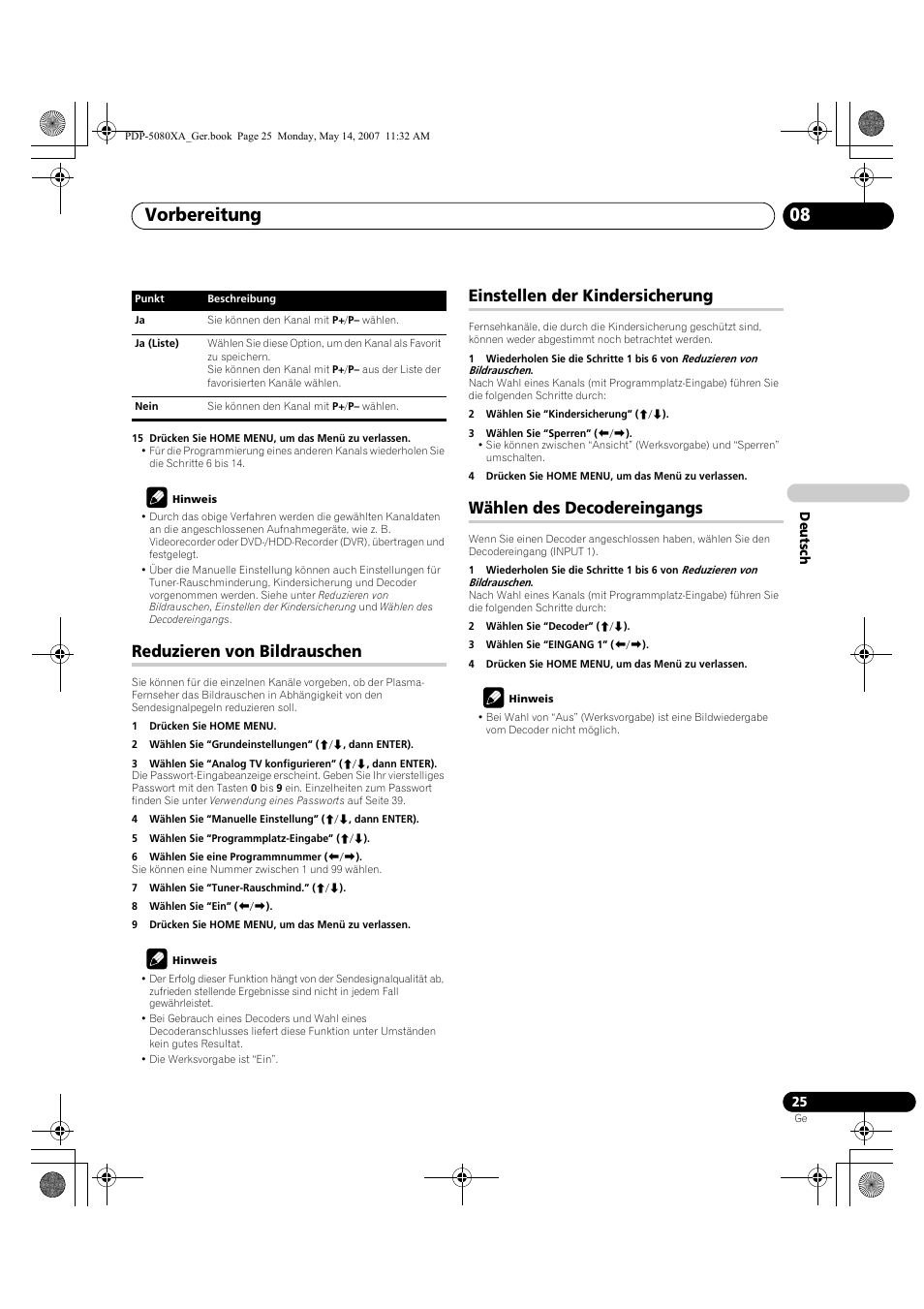 Vorbereitung 08, Reduzieren von bildrauschen, Einstellen der kindersicherung | Wählen des decodereingangs | Pioneer PDP-4280XA User Manual | Page 145 / 364