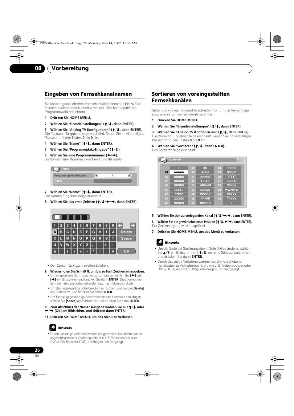 Vorbereitung 08, Eingeben von fernsehkanalnamen, Sortieren von voreingestellten fernsehkanälen | Pioneer PDP-4280XA User Manual | Page 146 / 364