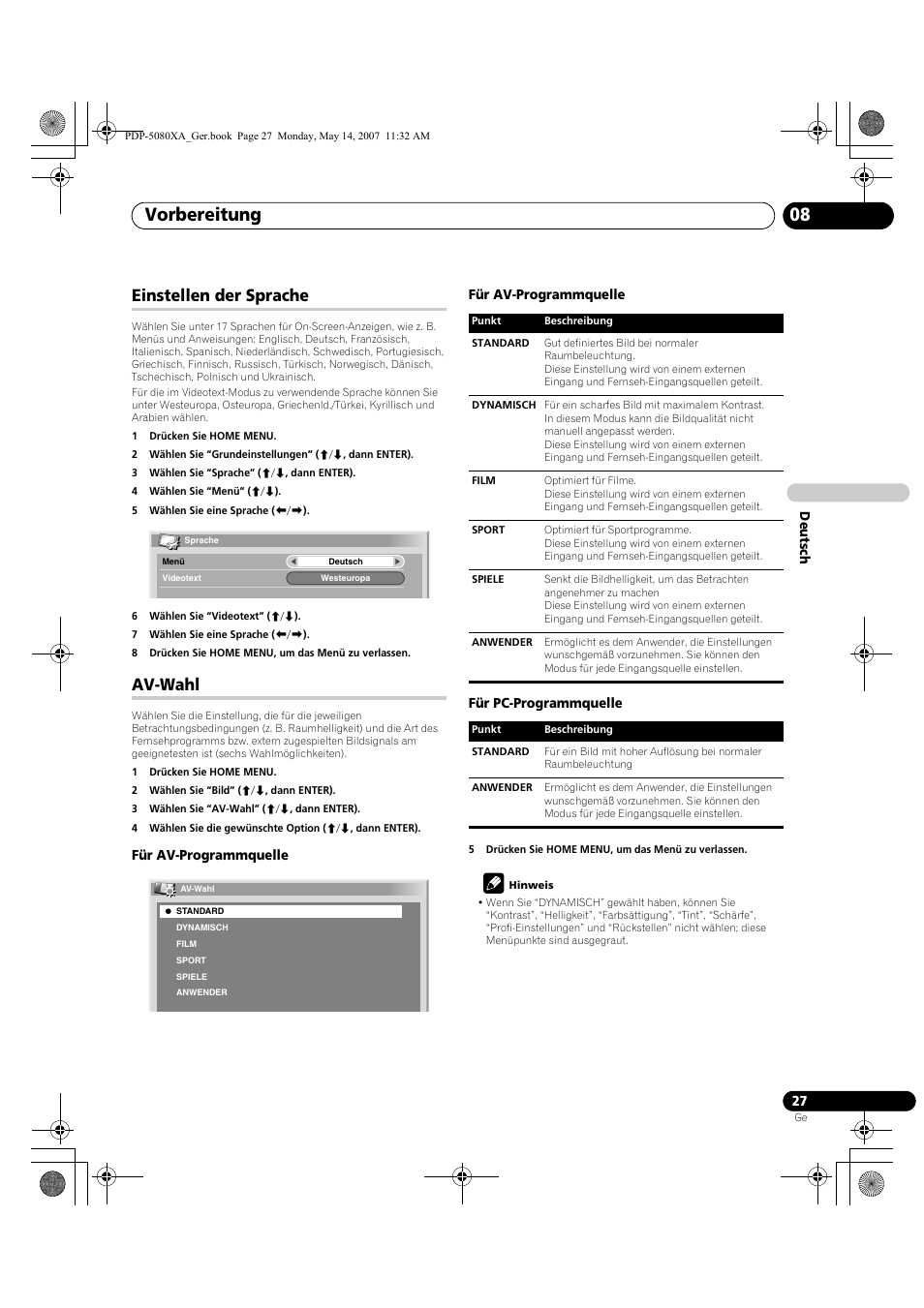 Vorbereitung 08, Einstellen der sprache, Av-wahl | Pioneer PDP-4280XA User Manual | Page 147 / 364