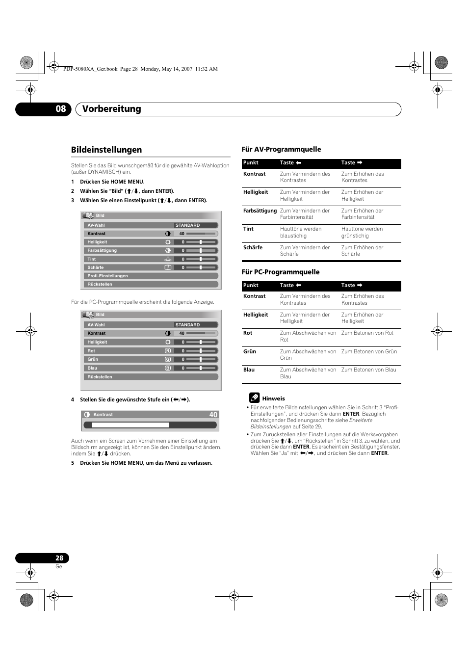 Vorbereitung 08, Bildeinstellungen, Für av-programmquelle für pc-programmquelle | Pioneer PDP-4280XA User Manual | Page 148 / 364