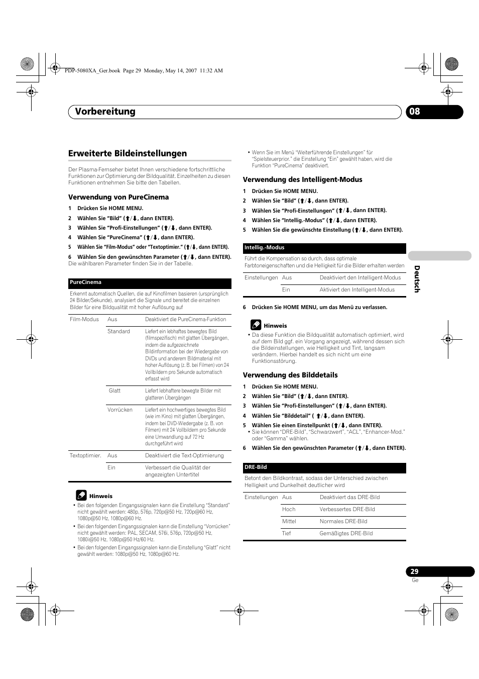 Vorbereitung 08, Erweiterte bildeinstellungen | Pioneer PDP-4280XA User Manual | Page 149 / 364