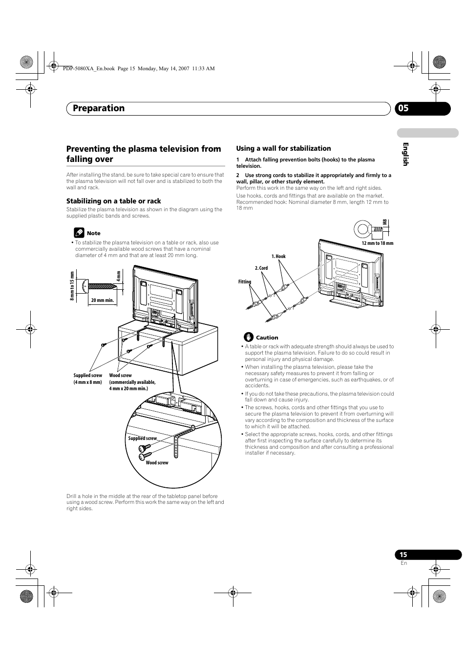 Preparation 05, Preventing the plasma television from falling over | Pioneer PDP-4280XA User Manual | Page 15 / 364