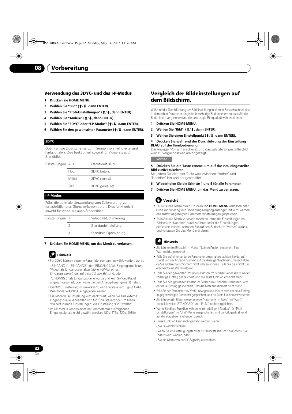 Vorbereitung 08, Vergleich der bildeinstellungen auf dem bildschirm | Pioneer PDP-4280XA User Manual | Page 152 / 364